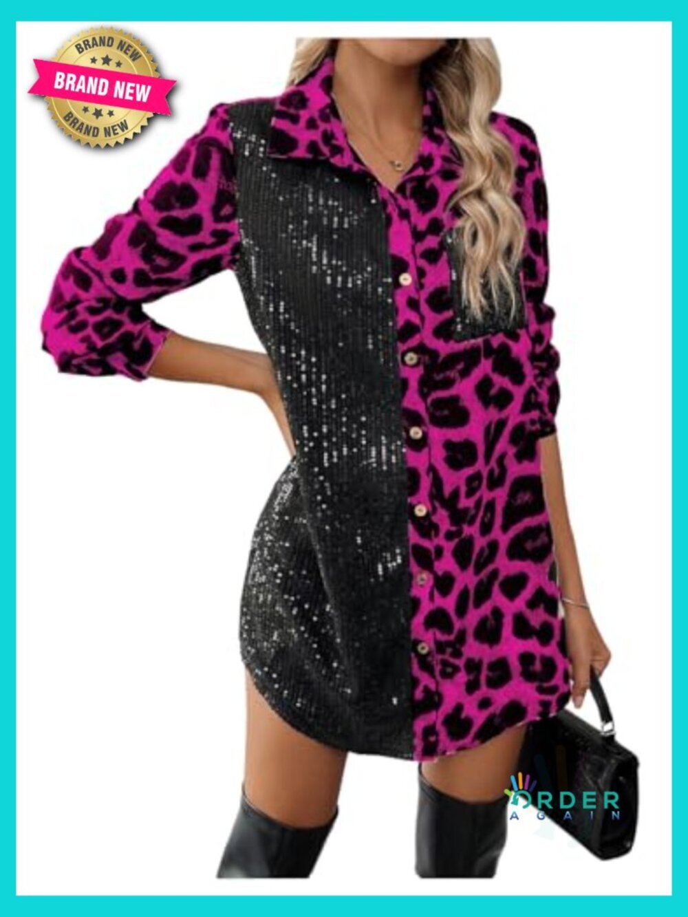 Leopard Print Sequin Button Down Long Sleeve Blouse Y2K Tunic Top - Picture 3 of 5